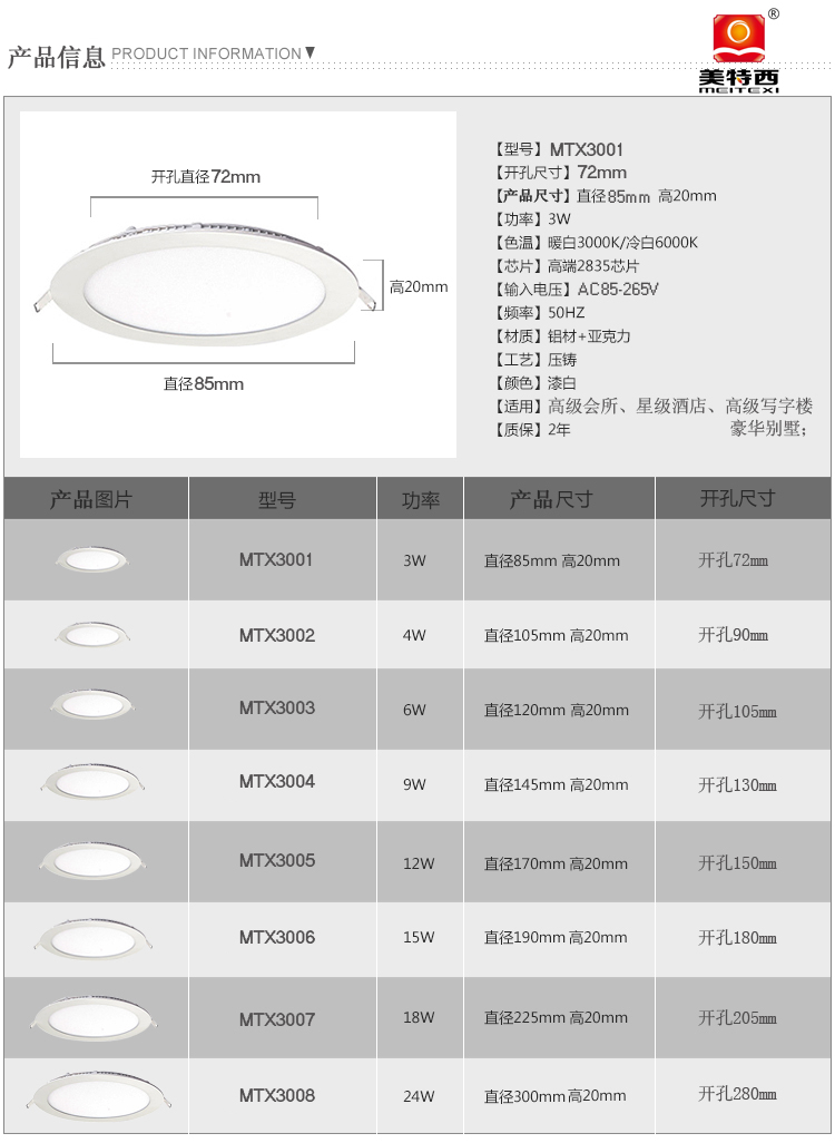 4w 3寸 开孔尺寸约90mm 超薄led筒灯 天花射灯 孔灯 面板灯 侧发光 正