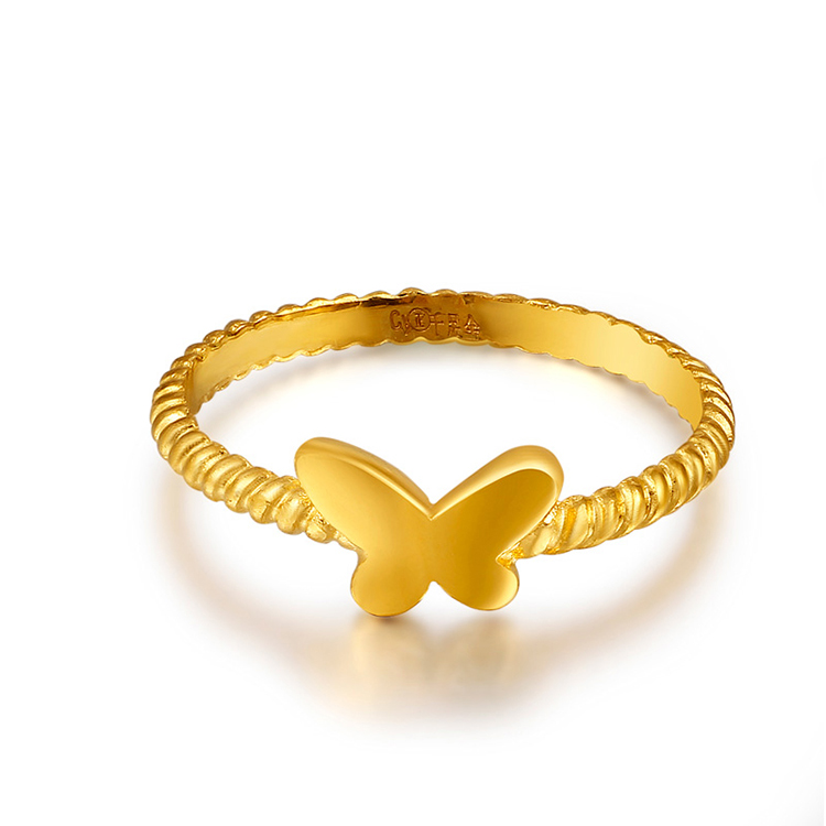 金叶珠宝 9足金戒指 蝶翼纯黄金戒指 女款中指戒