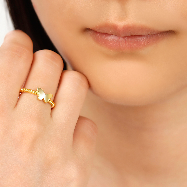 金叶珠宝 9足金戒指 蝶翼纯黄金戒指 女款中指戒