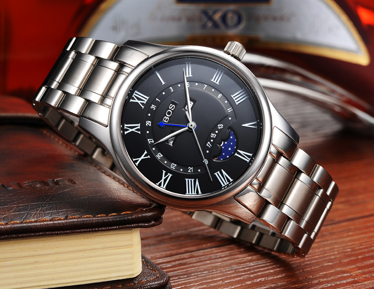 bos宝斯男士手表 防水夜光真皮男士韩版商务时尚品牌石英表(钢带白盘)