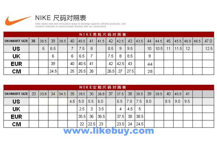 耐克篮球鞋尺码对照表图片